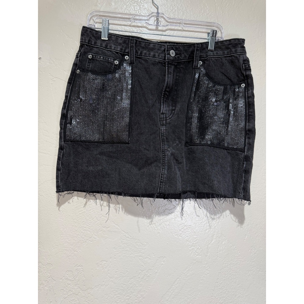 Lucky Brand Womens Black Denim Mini Skirt Sequin Pockets Raw Hem Size 8/29